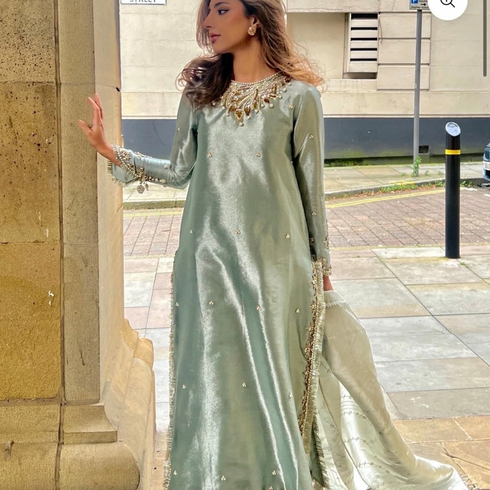 Elegant Sage Green Embellished Women's Dress